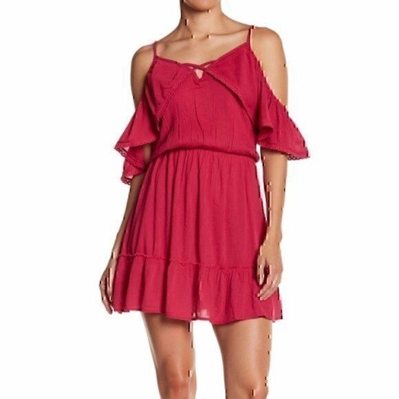 NEW NWT WILD PEARL Ruffle Dress Magenta Pink Cold Shoulder Cutout Mini Shift XS - Picture 3 of 8